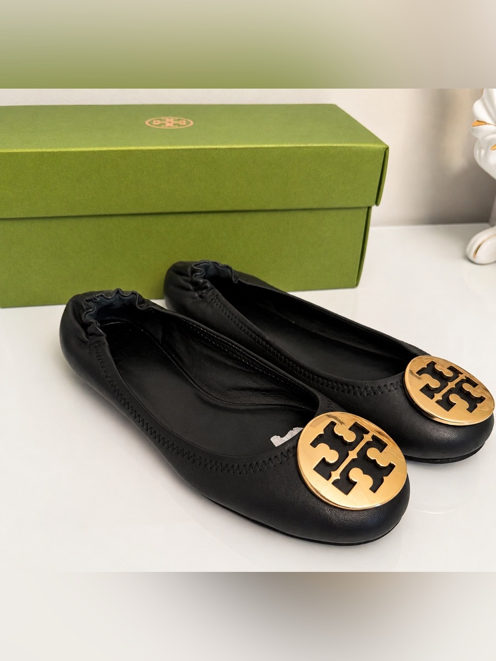 Tory Burch Black Leather Ballet Flats with Gold Logo Medallion